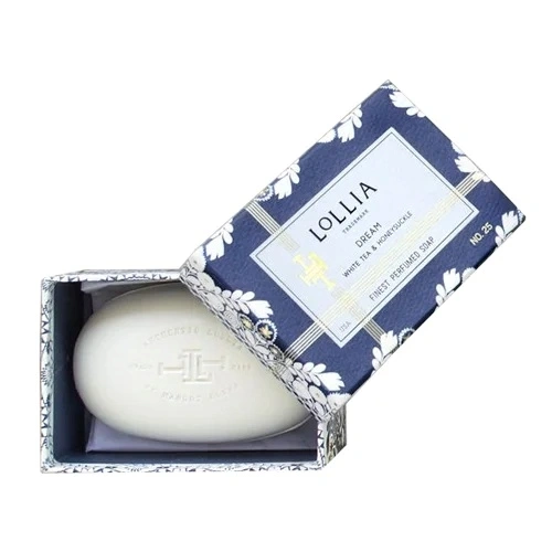 Rigid soap packaging box with slide-out tray design