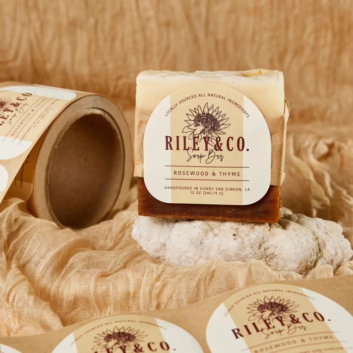 Custom soap labels featuring brand logo and artwork